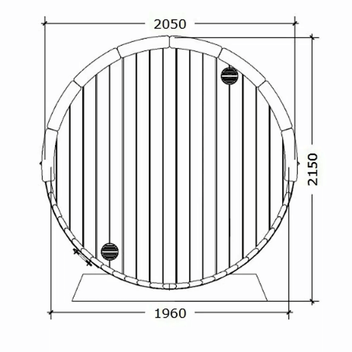 Rear dimension diagram of the InMedias Ergo 180 Barrel Sauna,on a white background.