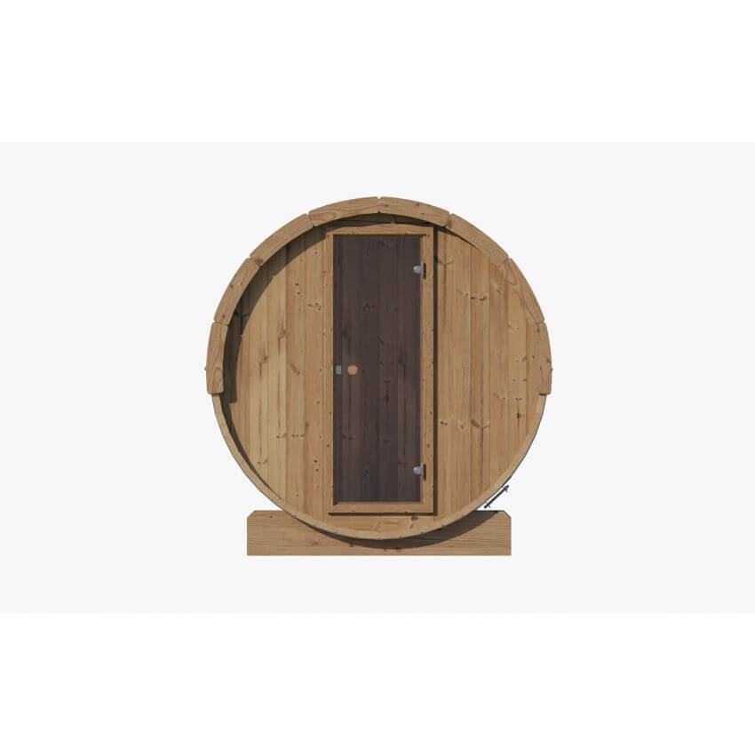 Front view of the InMedias Ergo 180 Barrel Sauna,on a white background.