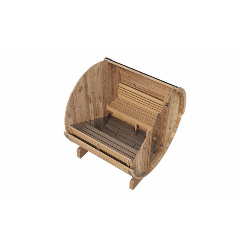 Cutaway view of the InMedias Ergo 180 Barrel Sauna interior layout, on a white background.