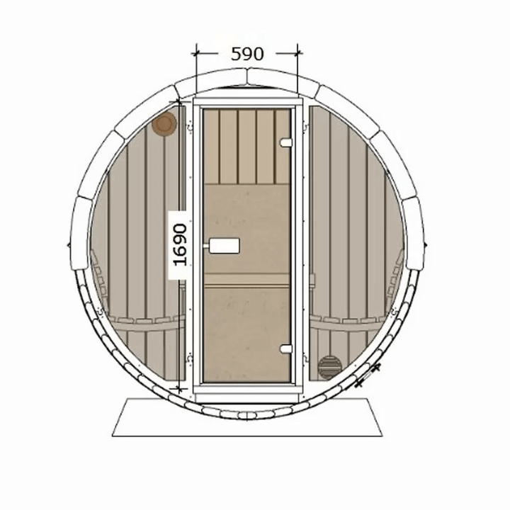 Front dimension diagram of the InMedias Ergo 180 Barrel Sauna,on a white background.