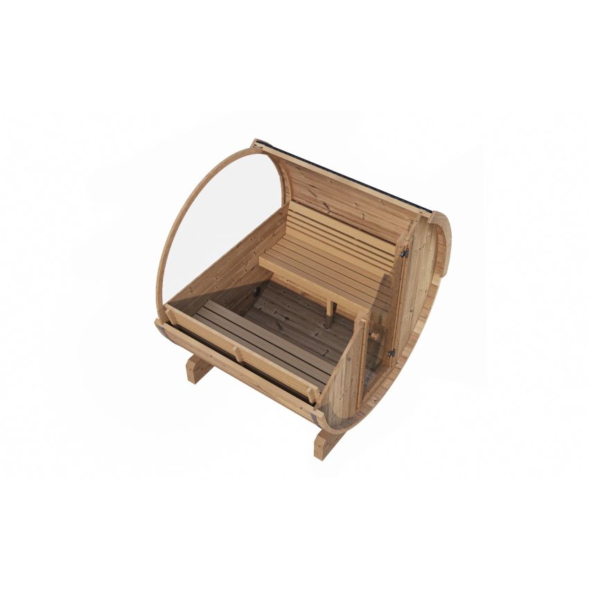 Barrel sauna cutaway layout view on a white background.