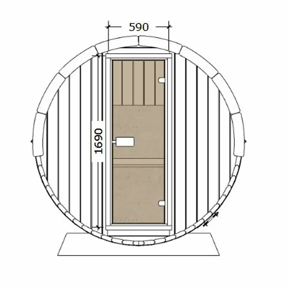 Ergo 220 Barrel Sauna front dimension diagram on a white background.
