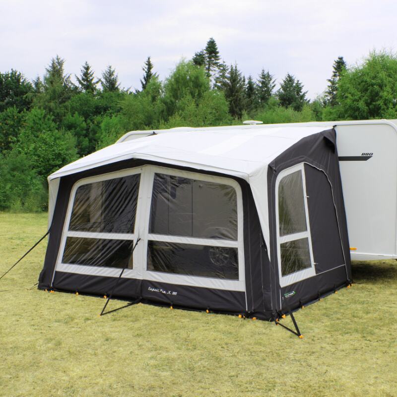 An Esprit Pro X 390 inflatable porch awning attached to a caravan