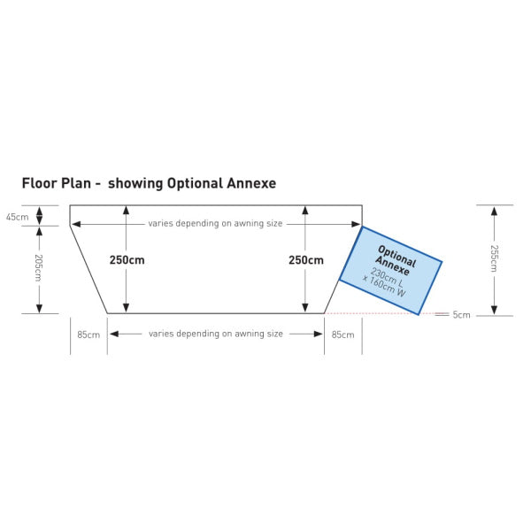 Floor plan diagram of Esteemed Air Awning showing dimensions and optional annexe placement