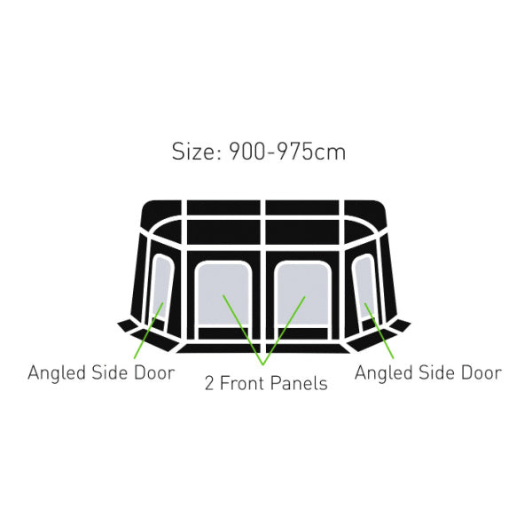 Schematic drawing of Esteemed Air 900 975cm layout with two front panels and side doors