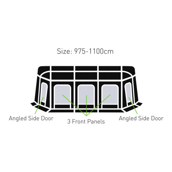 Technical diagram of Sunncamp Esteemed Air 975 1100cm size configuration showing three front panels