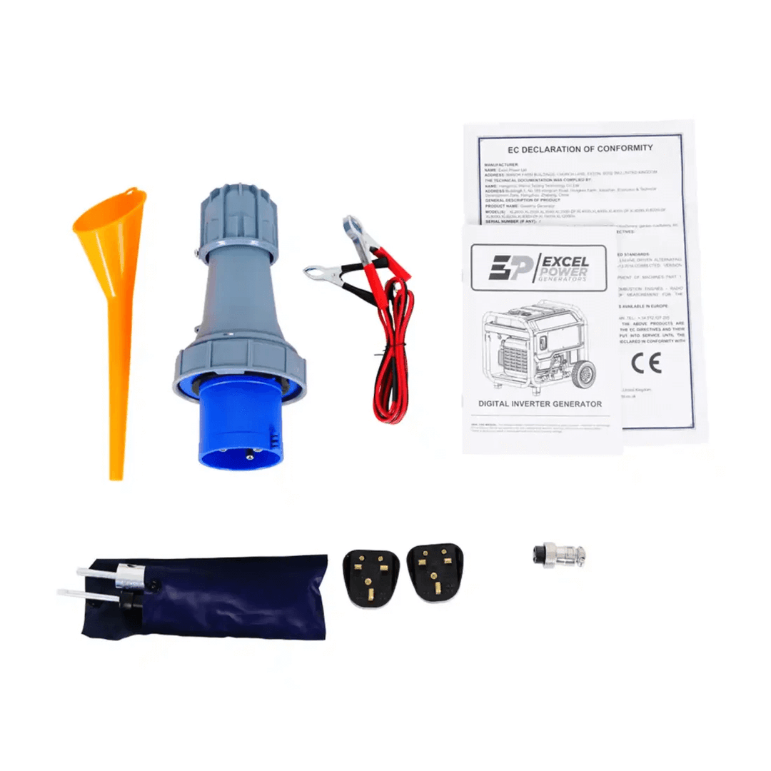 Excel Power XL12000iE 10kW Inverter Generator accessories kit including funnel, plug, cables, connectors and manuals on a white background.