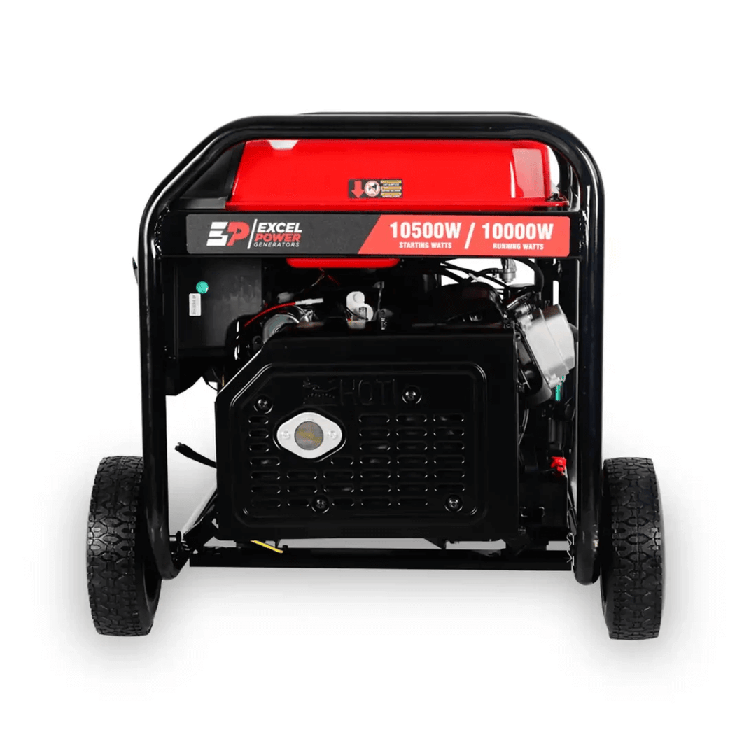 Excel Power XL12000iE 10kW Inverter Generator rear exhaust view showing 10500W starting and 10000W running label on a white background.
