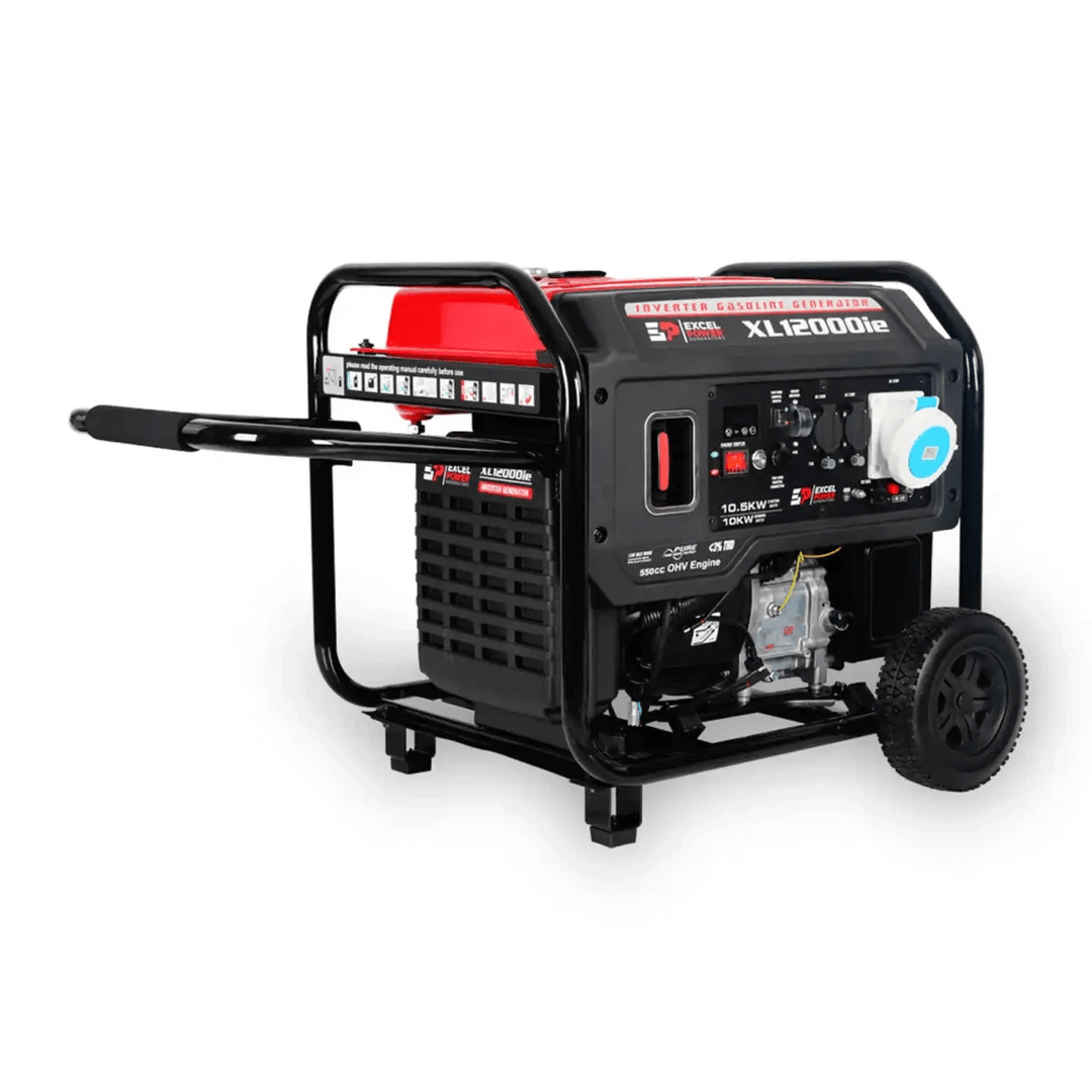 Excel Power XL12000iE 10kW Inverter Generator with extended transport handle attached to frame on a white background.