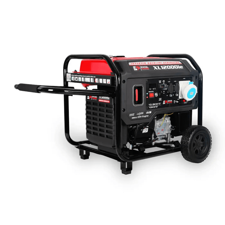 Excel Power XL12000iE 10kW Inverter Generator with extended transport handle attached to frame on a white background.
