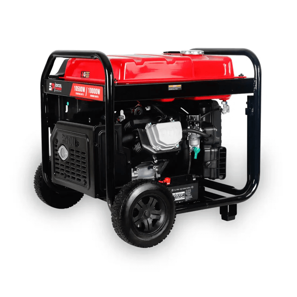 Excel Power XL12000iE 10kW Inverter Generator rear left angle view showing fuel tank, engine casing and frame on a white background.