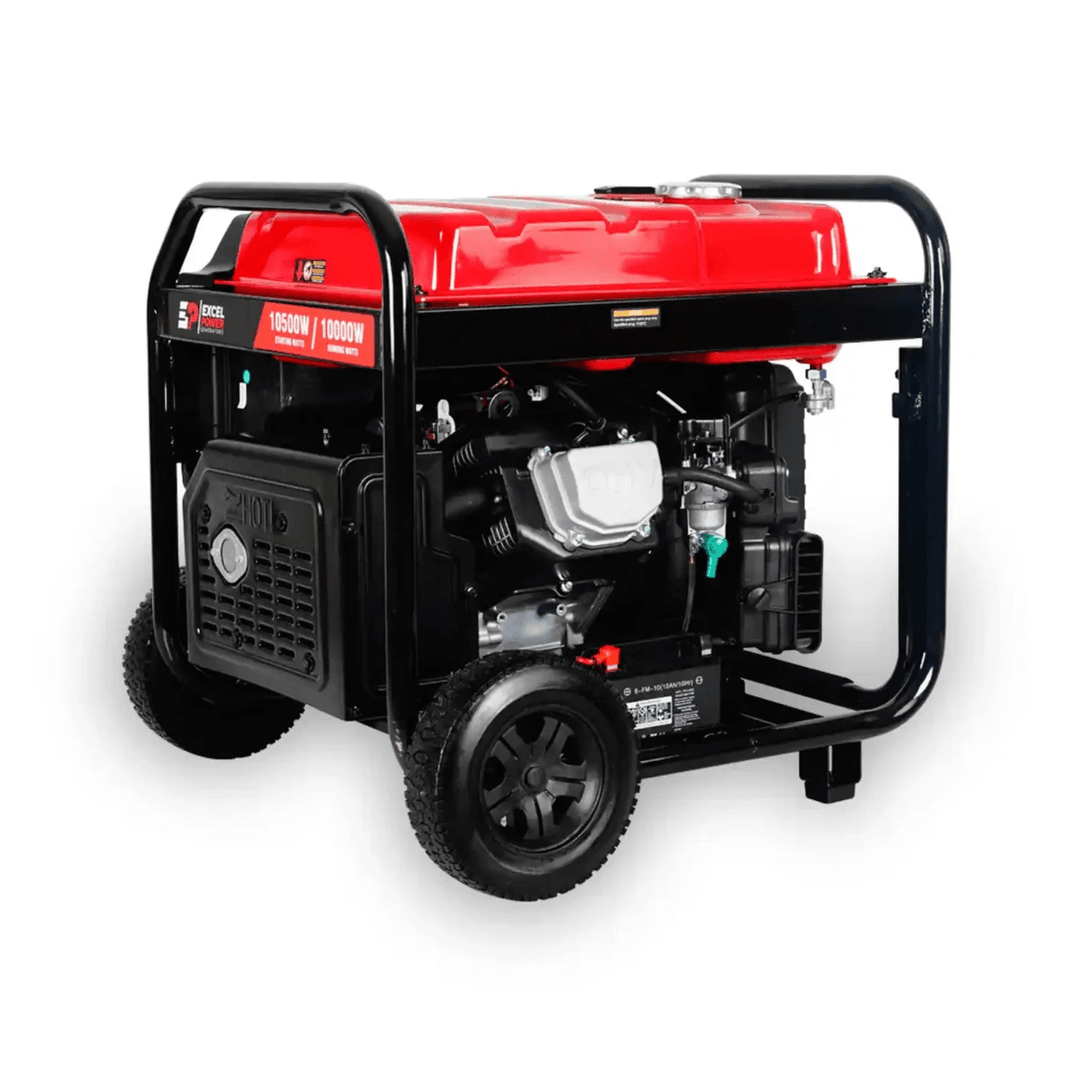 Excel Power XL12000iE 10kW Inverter Generator rear left angle view showing fuel tank, engine casing and frame on a white background.
