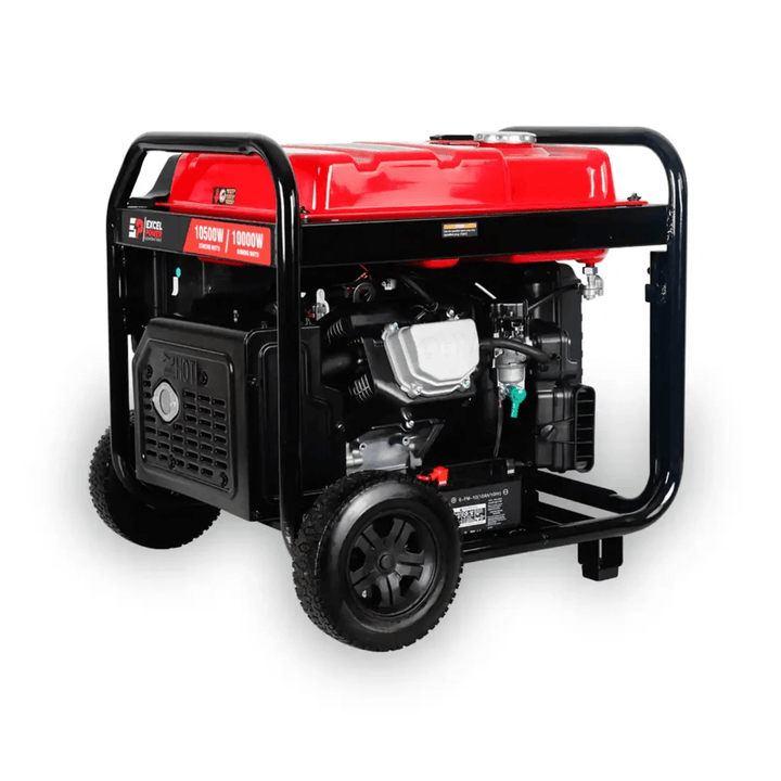 Excel Power XL12000iE 10kW Inverter Generator rear left angle view showing fuel tank, engine casing and frame on a white background.