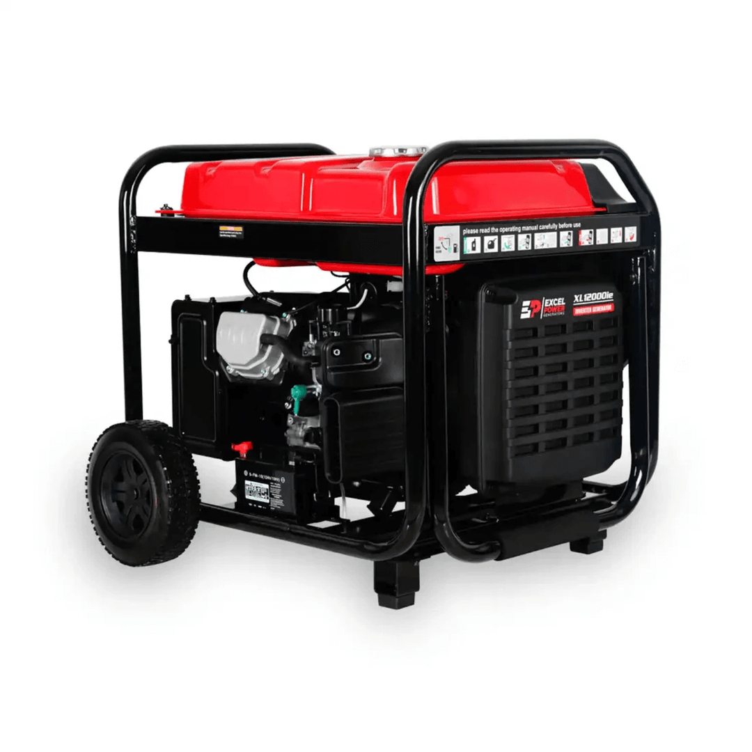Excel Power XL12000iE 10kW Inverter Generator rear right angle view highlighting engine, frame and wheels on a white background.