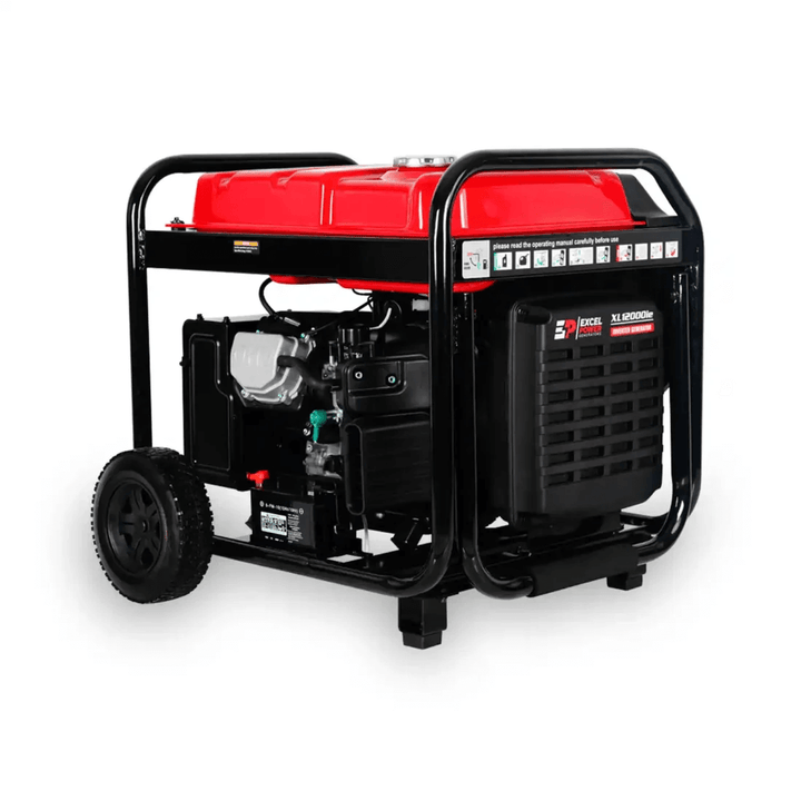Excel Power XL12000iE 10kW Inverter Generator rear right angle view highlighting engine, frame and wheels on a white background.
