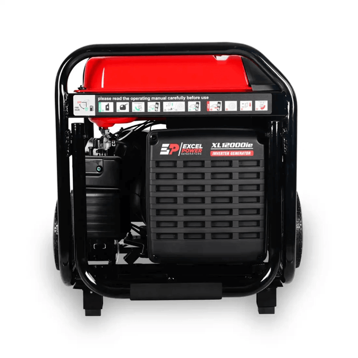 Excel Power XL12000iE 10kW Inverter Generator rear panel view showing inverter casing and safety instructions on a white background.