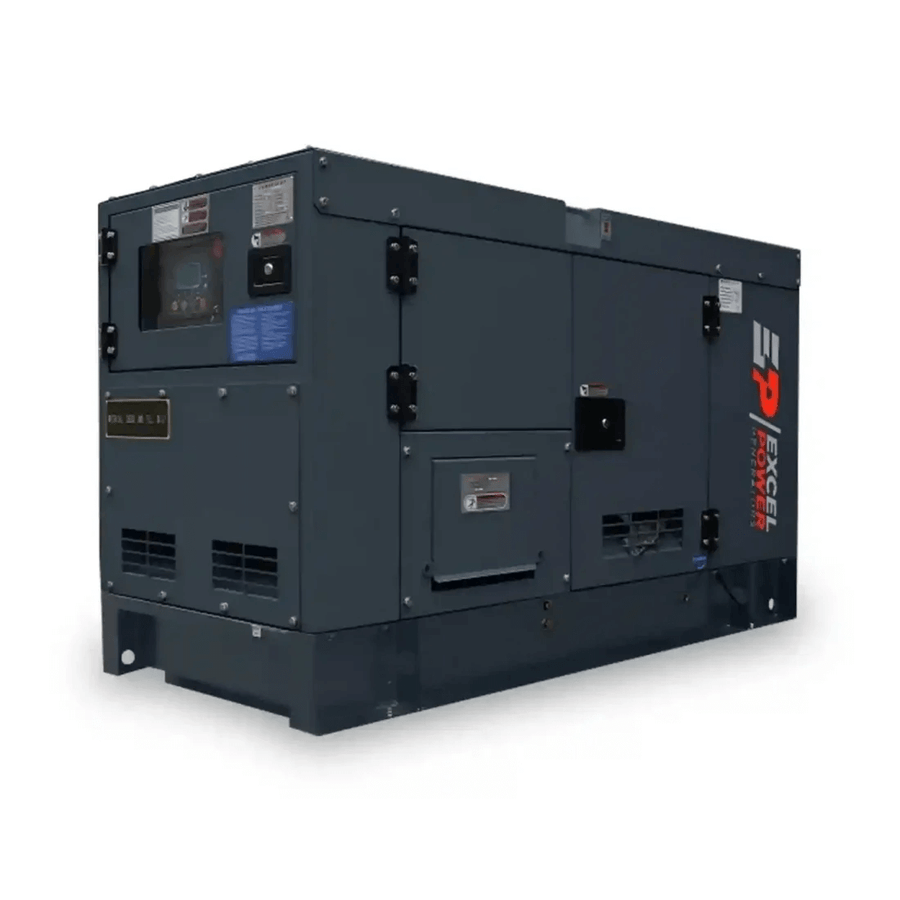 Excel Power XL-DFAW-22S 20kVA single-phase diesel generator on a white background, showing front control panel, side vents, and soundproof steel enclosure.