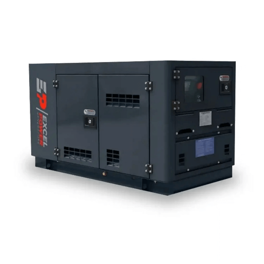 Excel Power XL-DK-11S 10kVA single-phase diesel generator on a white background, featuring soundproof casing and dual access doors.