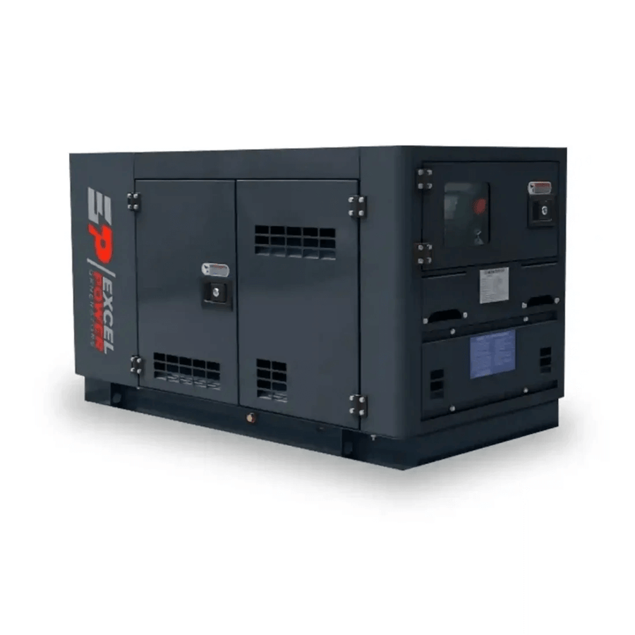 Excel Power XL-DK-11S 10kVA single-phase diesel generator on a white background, featuring soundproof casing and dual access doors.