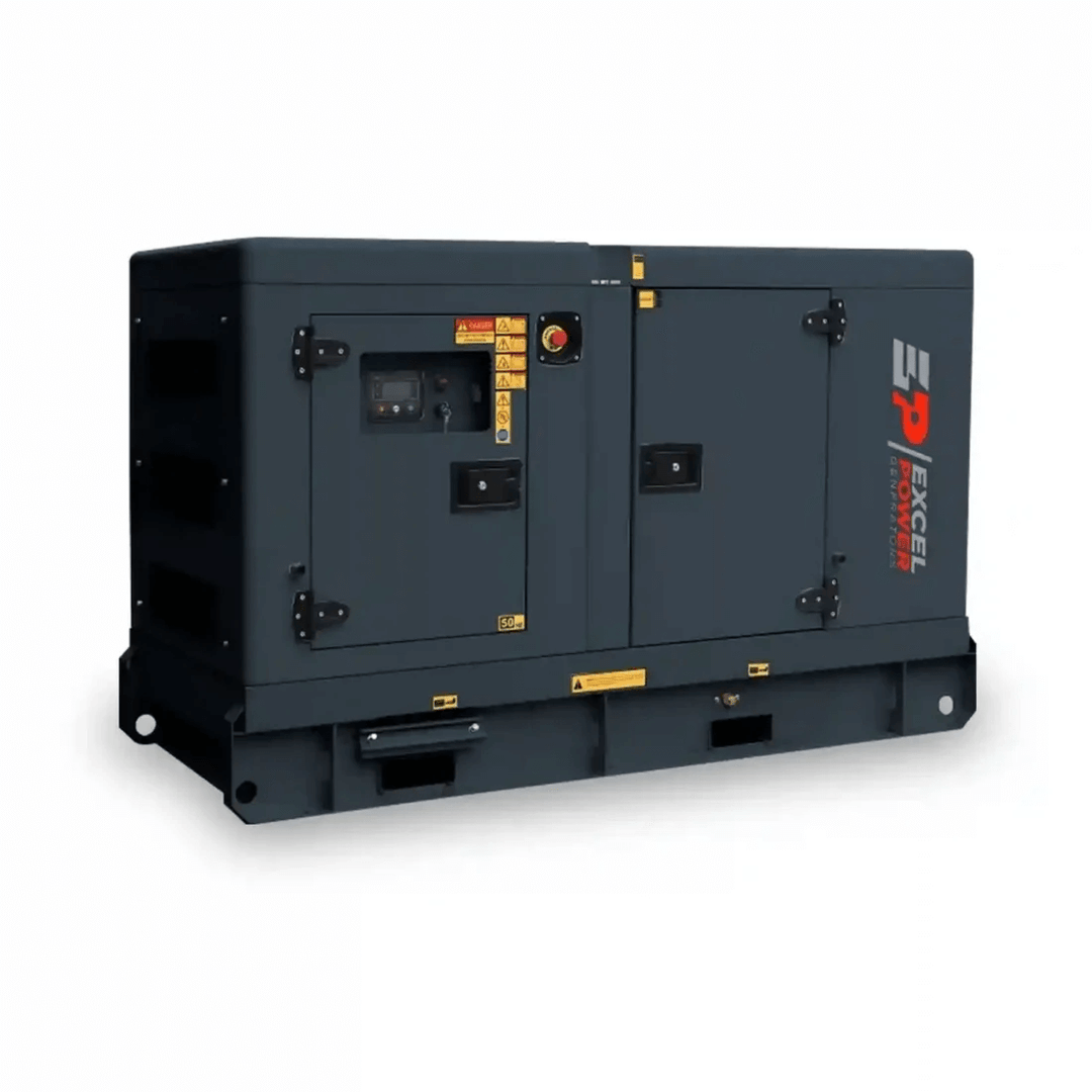 Excel Power XL-DYN-33S 30kVA single-phase diesel generator on a white background, featuring heavy-duty base, emergency stop button, and secure access doors.