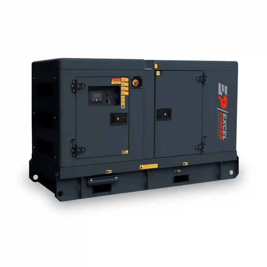 Excel Power XL-DYN-33S 30kVA single-phase diesel generator on a white background, featuring heavy-duty base, emergency stop button, and secure access doors.