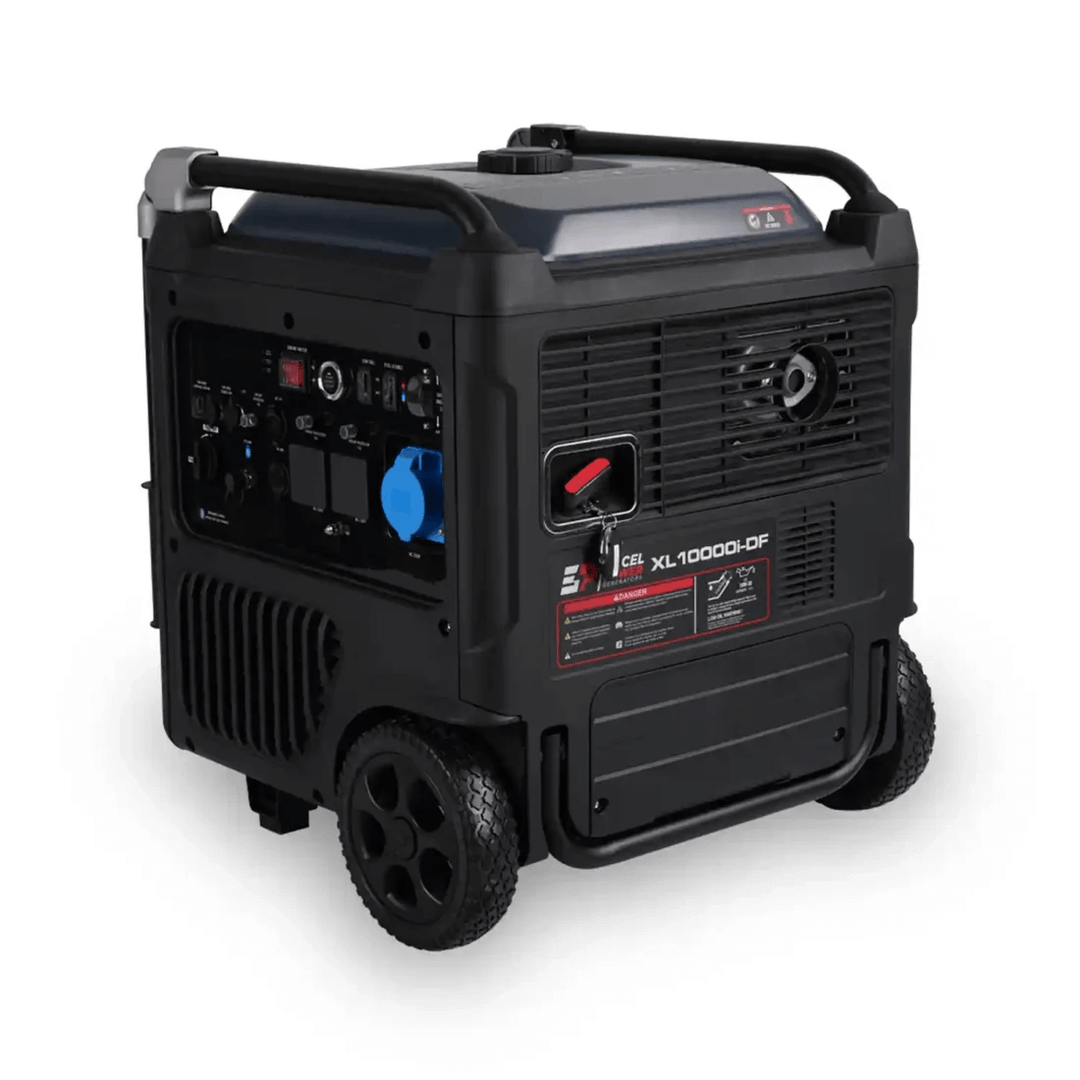Excel Power XL10000i-DF dual-fuel inverter generator with side control panel and pull handle, on a white background.