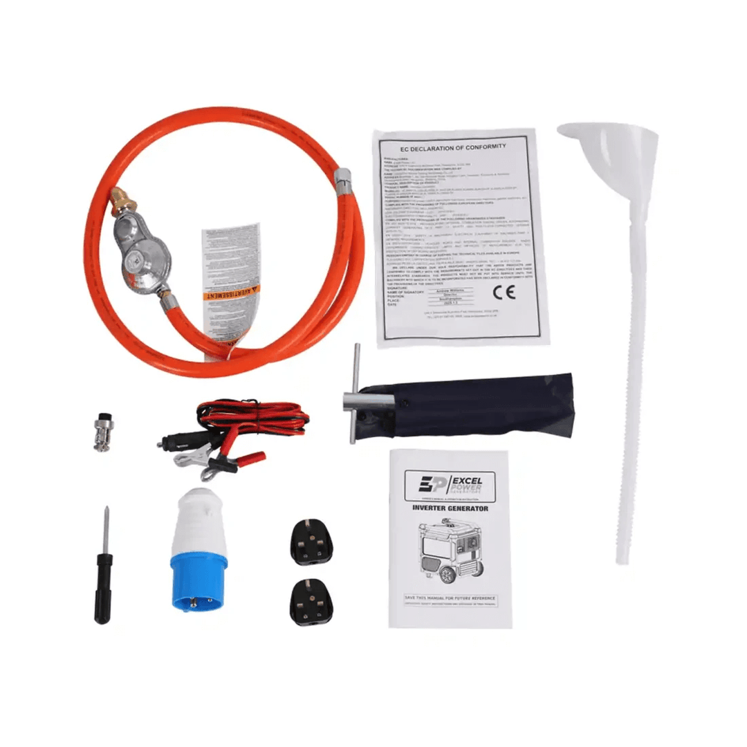 Accessory kit for Excel Power XL10000i-DF generator, including gas hose, funnel, adapters, screwdriver, and manual, on a white background.