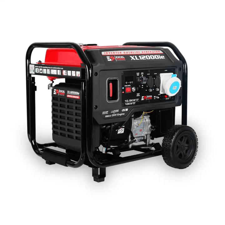Excel Power XL12000iE 10kW Inverter Generator front three-quarter view displaying control panel and engine housing on a white background.