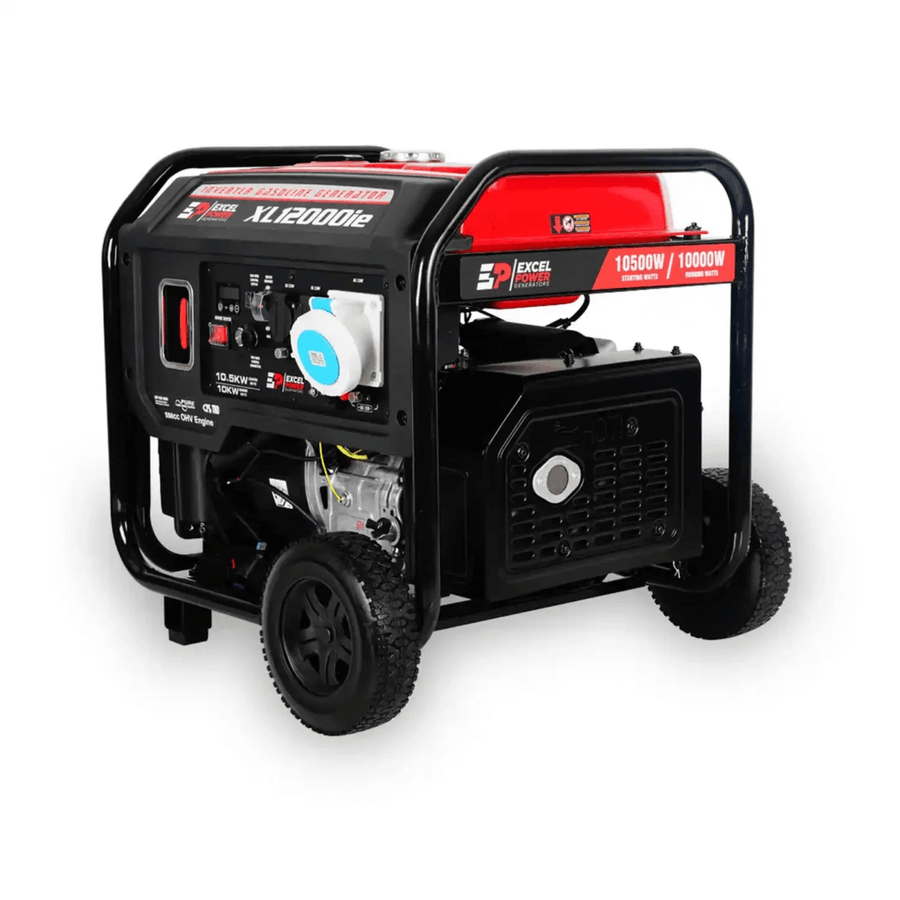 Excel Power XL12000iE 10kW Inverter Generator front side angle view with wheel kit and protective frame on a white background.