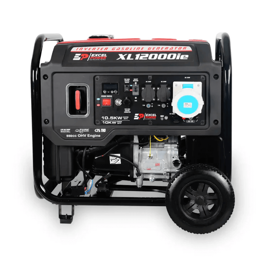 Excel Power XL12000iE 10kW Inverter Generator control panel view showing sockets, switches and digital display on a white background.