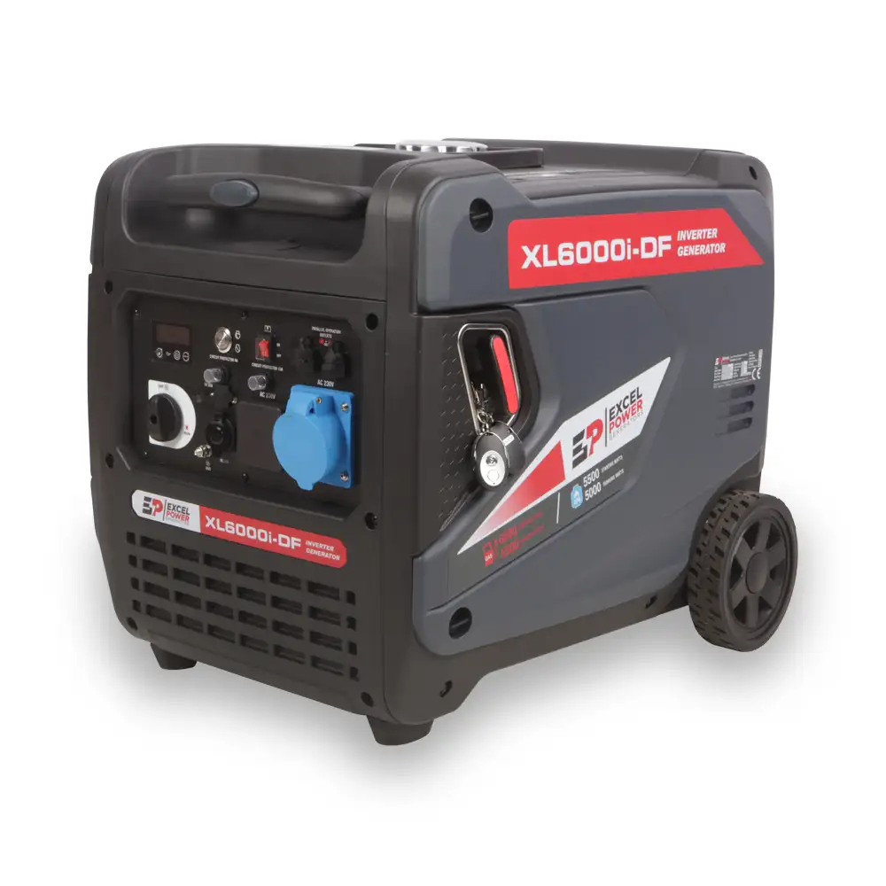 Excel Power XL6000i-DF generator right side angled view highlighting brand label and socket access on a white background.