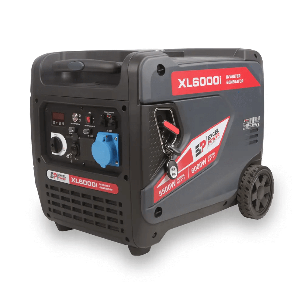 Excel Power XL6000i inverter generator on a white background with key, branding label, control panel, and dual rear wheels.