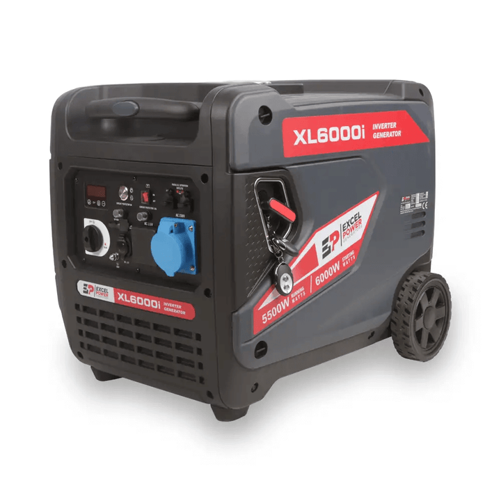 Excel Power XL6000i inverter generator on a white background with key, branding label, control panel, and dual rear wheels.