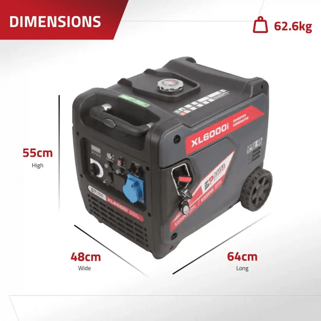 Excel Power XL6000i inverter generator on a white background with dimensions labeled as 55cm high, 48cm wide, and 64cm long.
