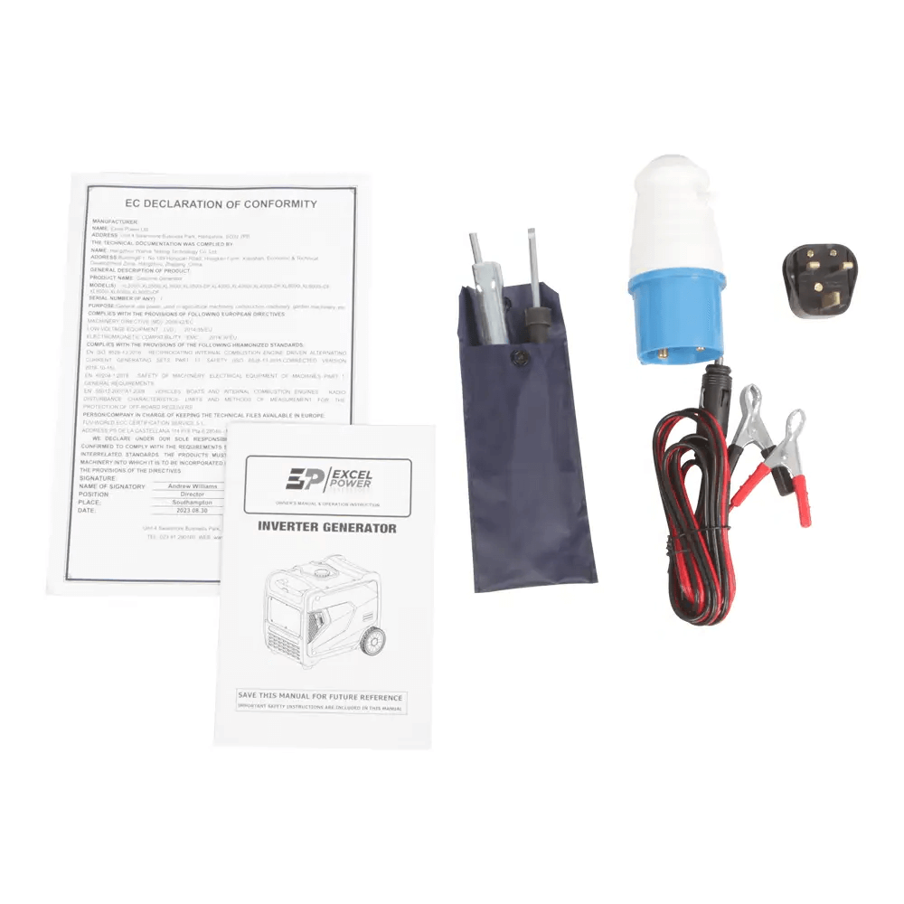 Excel Power XL6000i generator accessories laid out on a white background including jumper cables, plug adapter, socket, tool kit, and manuals.