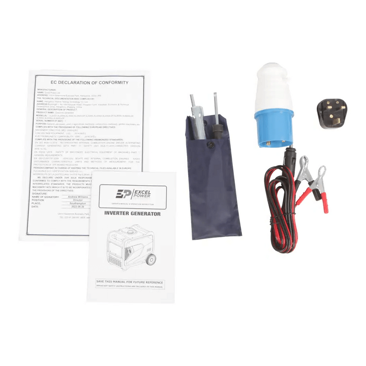 Excel Power XL6000i generator accessories laid out on a white background including jumper cables, plug adapter, socket, tool kit, and manuals.