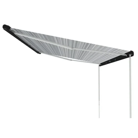 Fiamma awning extended with support legs on a white background.
