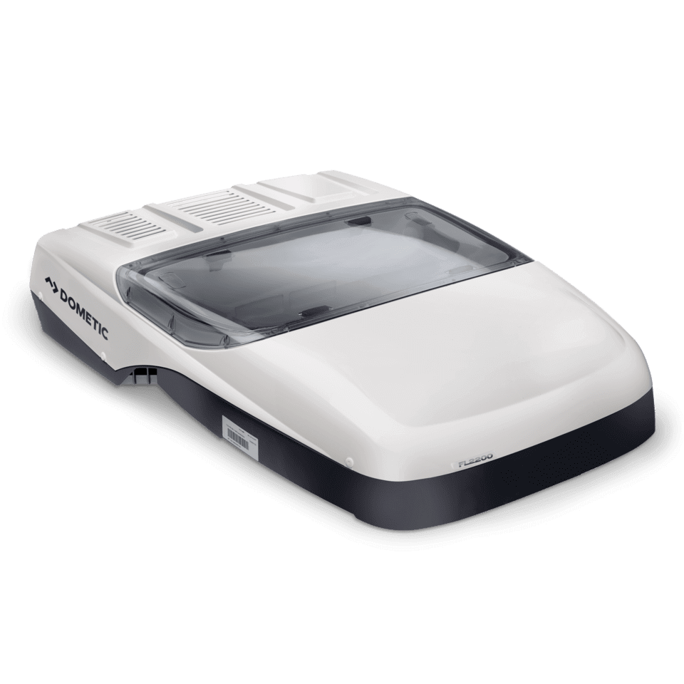 Angled view of the Dometic FreshLight 2200 rooftop air conditioner in a white and dark grey finish. The unit features a built-in integrated skylight window with a clear dome, visible ventilation grilles at the rear, and sleek aerodynamic contours, on a transparent background.