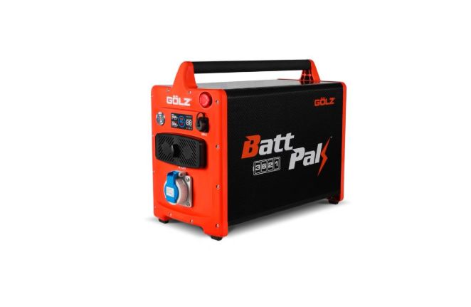 GOLZ BattPak 3621 portable power unit with handle, front-facing AC output, and ventilation panel, designed for versatile field use, on a white background.