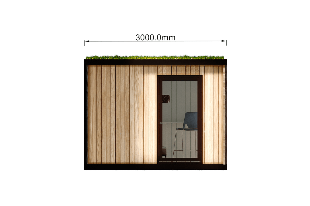 Front elevation of a glamping pod with wooden vertical cladding, black-framed glass door, and 3000mm width label, on a transparent background.