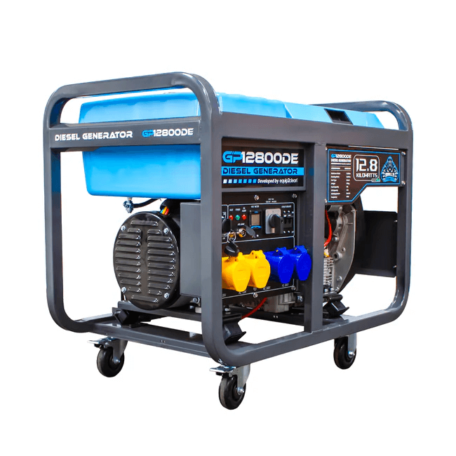 Gorilla Power 12800W diesel generator with blue fuel tank, four power outlets, and rugged steel frame on caster wheels, on a white background.