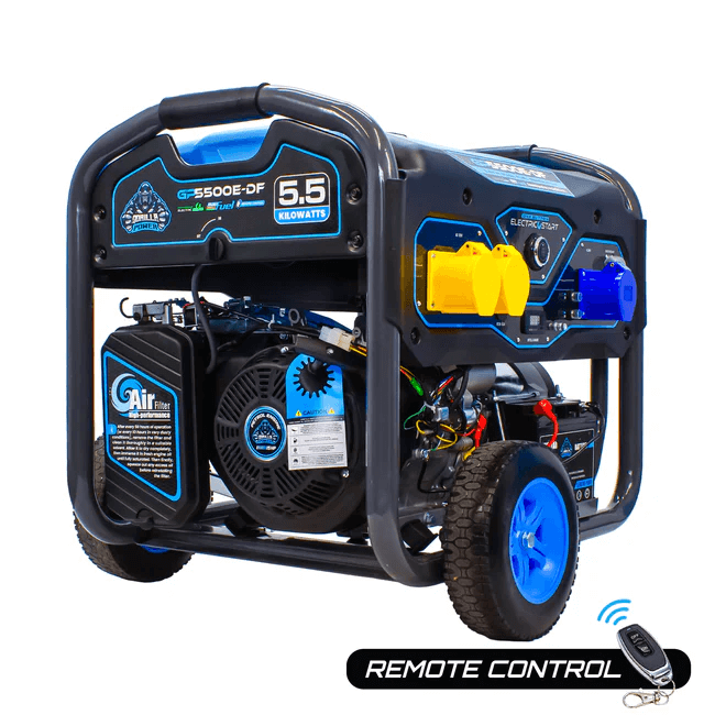 Gorilla Power 5500W dual-fuel generator with electric start and remote control, featuring rugged wheels, multiple power outlets, and a robust frame design, shown on white background.