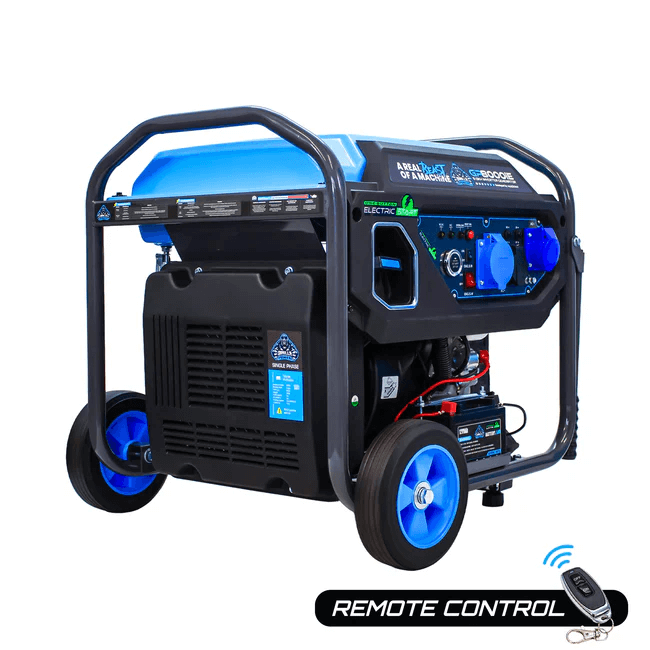 Gorilla Power 8000W inverter open frame generator with electric start, blue wheels and fuel tank, remote control feature, and black protective frame on a white background.