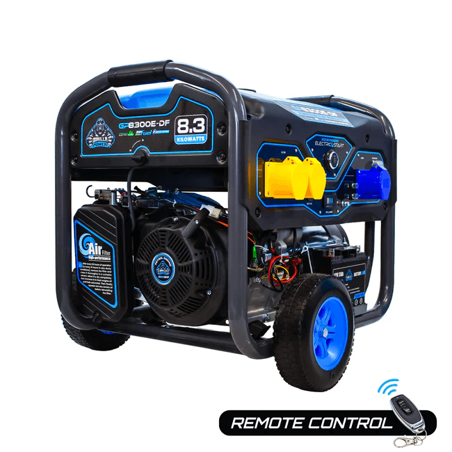 Gorilla Power 8300W dual-fuel generator with electric start, featuring rugged wheels, yellow and blue power outlets, and remote control capability on a white background.
