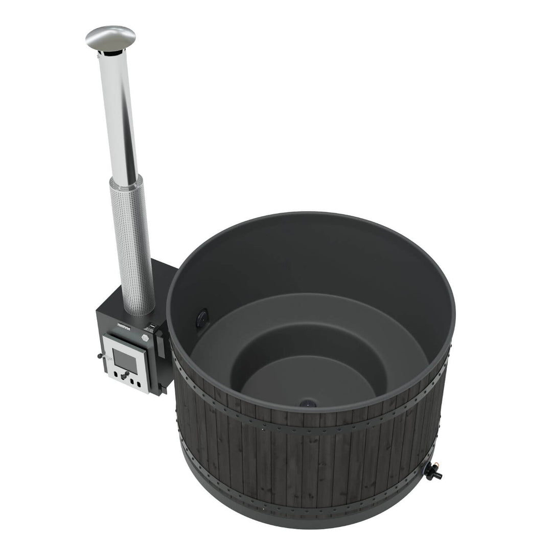 Harvia Legend circular hot tub with dark wooden exterior and metal flue pipe heater on a white background.
