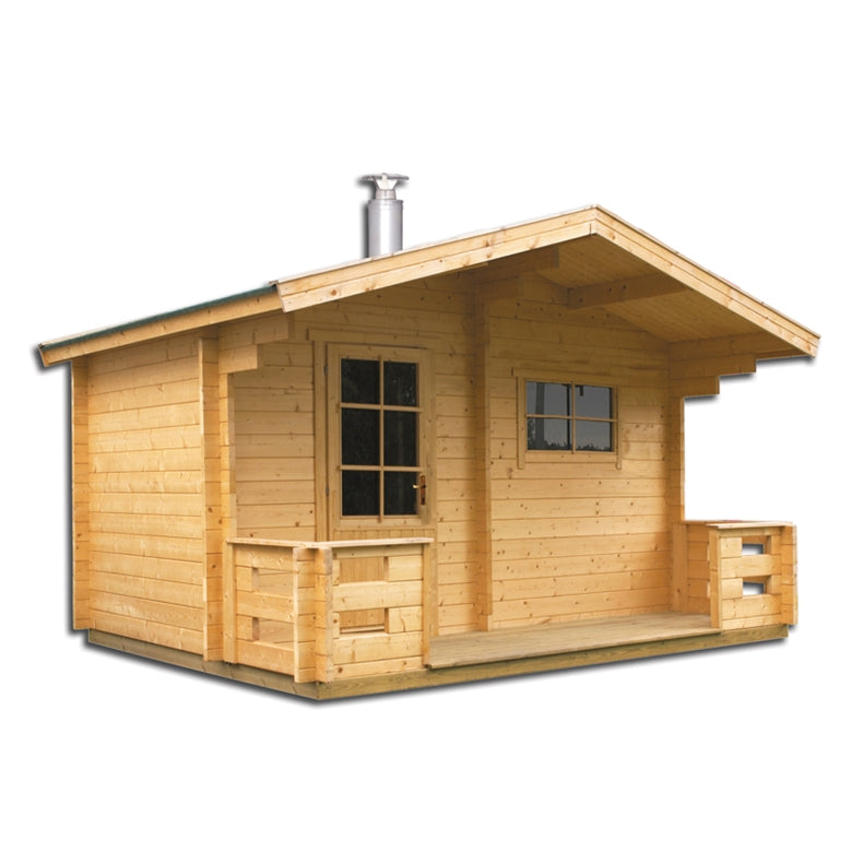 Harvia Outdoor Sauna with Changing Room 1900x2000mm, wood cabin style with chimney and front porch on a white background.