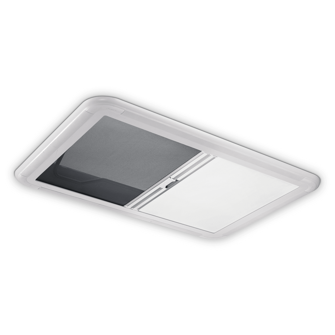 Dometic Heki 2 campervan skylight interior frame with blackout blind partially closed on a transparent background.