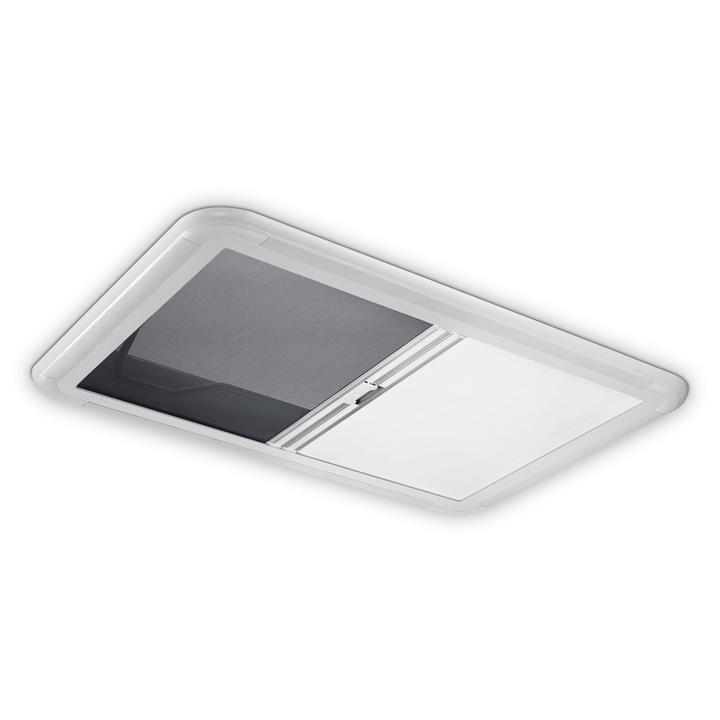 Dometic Heki 2 campervan skylight interior frame with blackout blind partially closed on a transparent background.