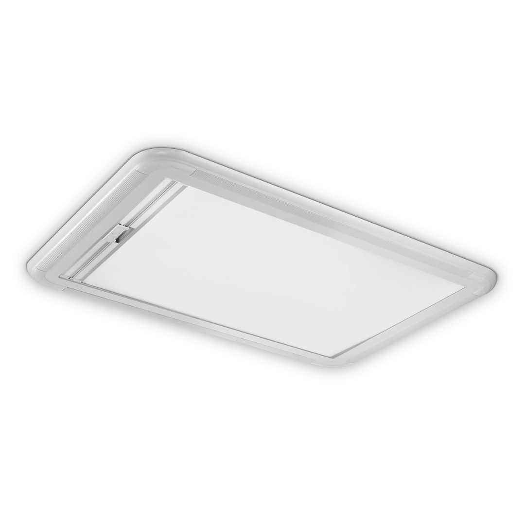Dometic Heki 2 campervan skylight interior frame with blind fully closed on a transparent background.