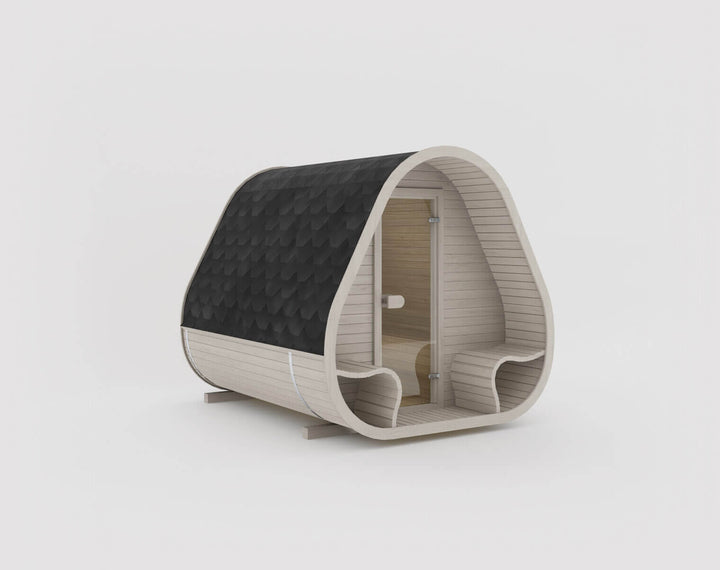 Herkus Grand Triangular Outdoor Sauna in Beige finish with black shingle roof, isolated on a white background.